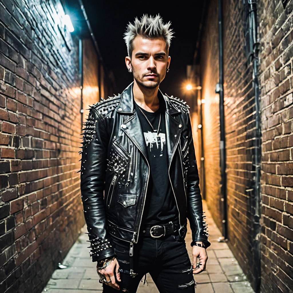 Stylish Man in Spiked Leather Jacket in Alley