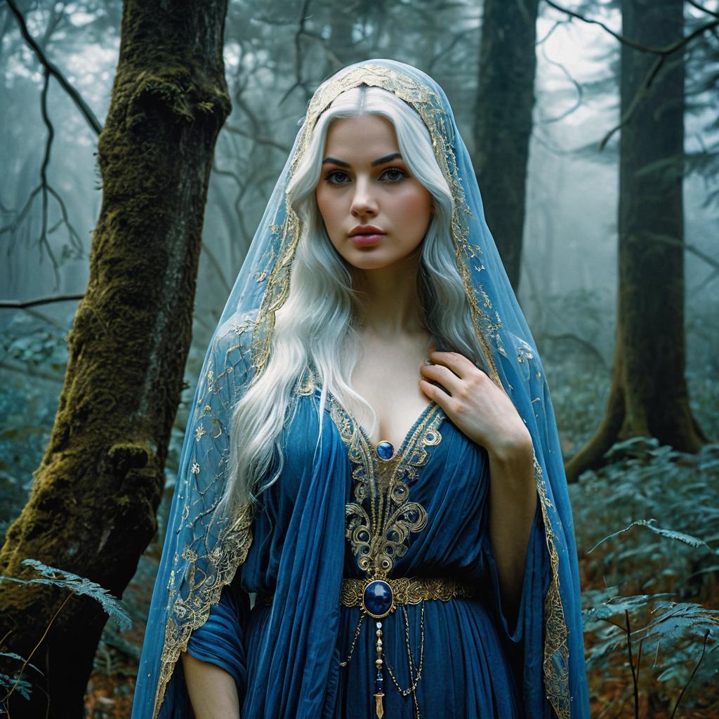 Regal Woman in Blue and Gold Embroidered Gown in Misty Forest
