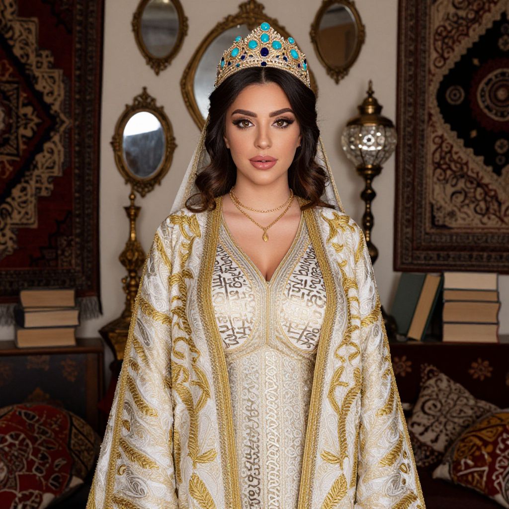 Elegant Woman in Traditional White and Gold Embroidered Gown with Jeweled Crown