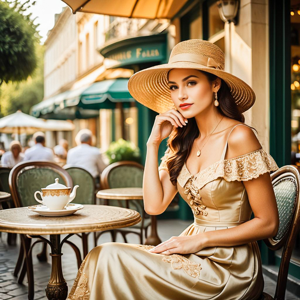 Elegant Woman in Golden Dress at Café Elegant Woman in Golden Dress at Café