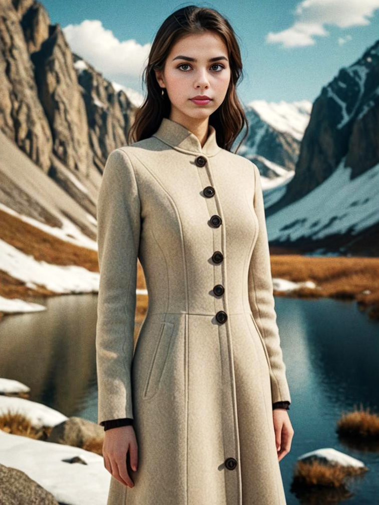 Elegant Woman by Mountain Lake in Vintage Coat