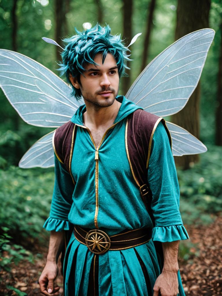 Man in Fairy Costume with Turquoise Hair and Wings in Forest Man in Fairy Costume with Turquoise Hair and Wings in Forest