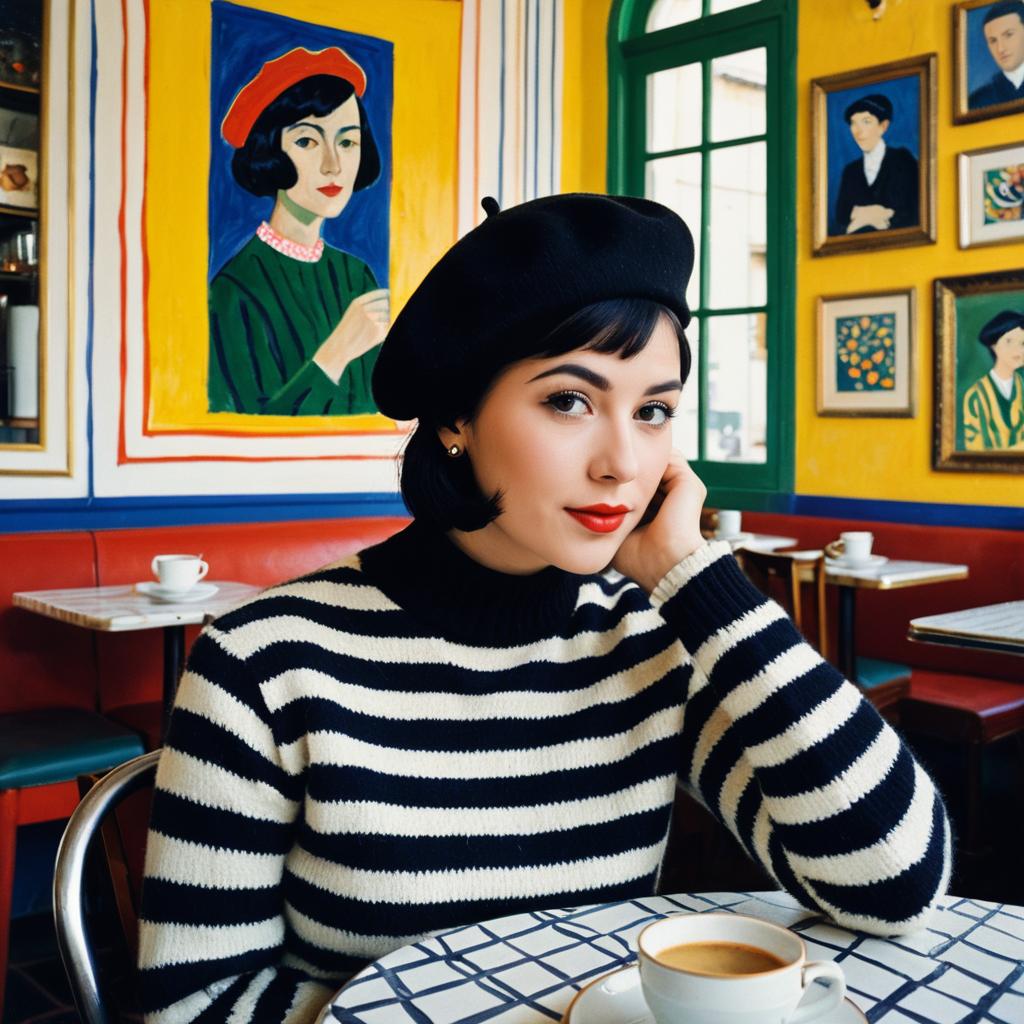 Woman in Black Beret and Striped Sweater in Colorful Artistic Café
