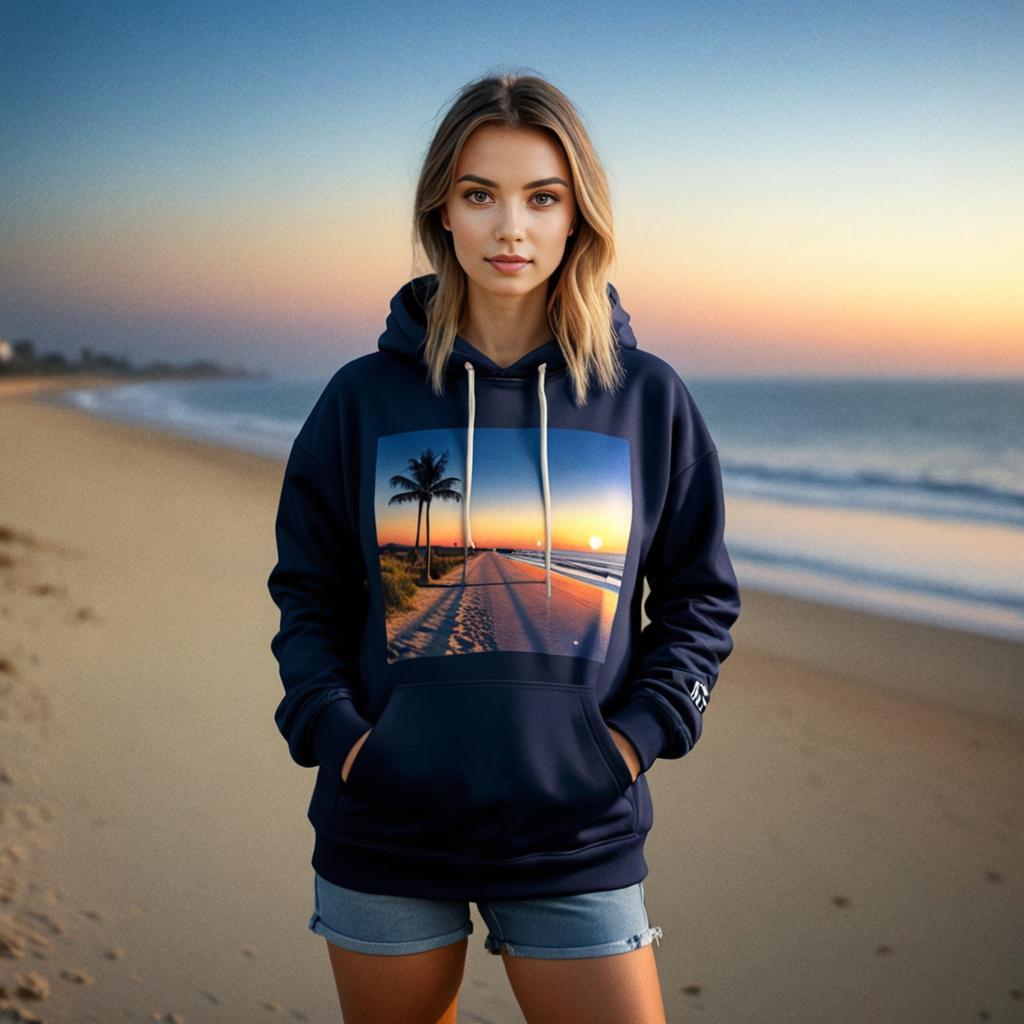 Woman in Navy Hoodie on Beach at Sunset