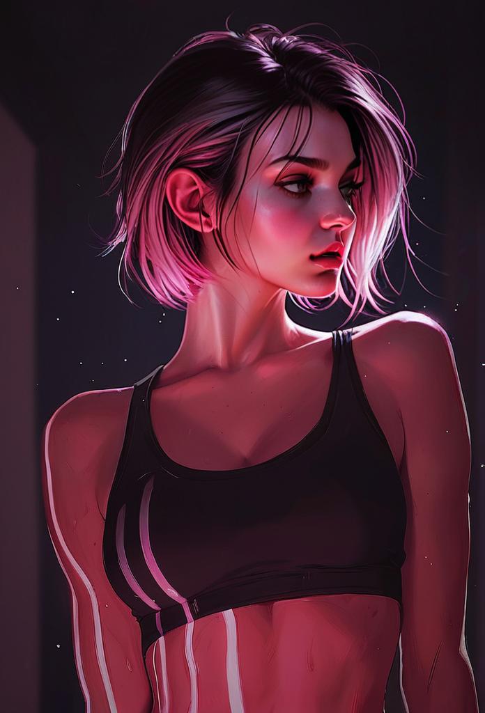 Digital Illustration of Young Woman with Pink Hair in Sports Bra