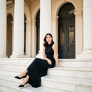Elegant Woman in Black Gown on Marble Steps