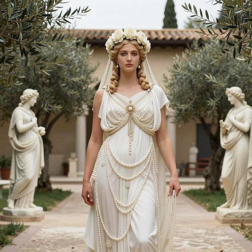 Woman in Grecian Style White Pearl Dress with Floral Crown in Classical Garden