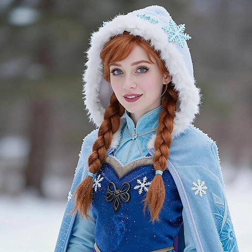 Woman in Winter Themed Costume with Red Braids and Snowflake Details
