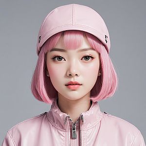 Young Woman with Pink Bob Hair in Pastel Fashion