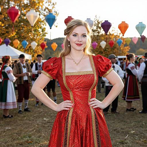 Young Woman in Red Traditional Dress at Outdoor Cultural Festival with Lanterns