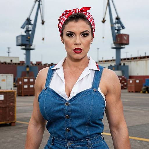 Strong Woman in Denim Overall Dress with Red Checkered Headband at Industrial Port