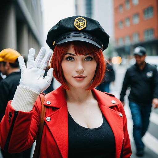 Red-haired Woman in Stylish Red Coat and Black Cap Waving in Urban Street