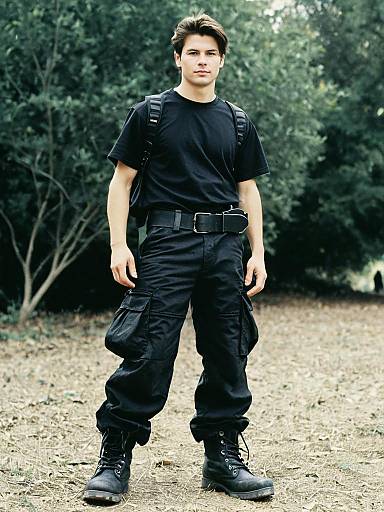 Man Wearing Black Cargo Pants Costume with Tactical Style Outdoors
