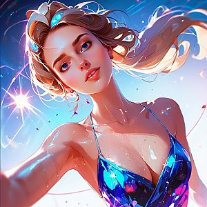 Woman in Blue Swimsuit with Blonde Hair and Gems
