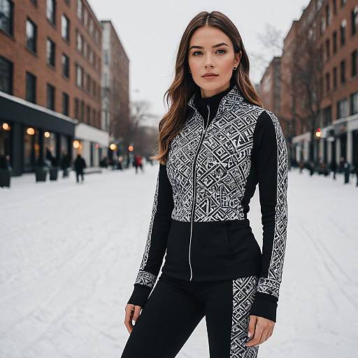 Stylish Woman in Black and White Patterned Athletic Wear on Snowy Urban Street