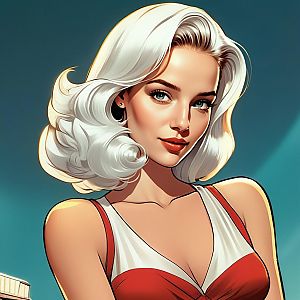 Digital Portrait of Woman with Platinum Blonde Hair in Red and White Top