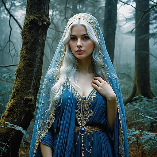 Regal Woman in Blue and Gold Embroidered Gown in Misty Forest