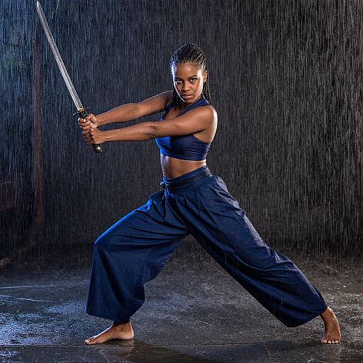 Woman Practicing Sword Fighting in Rain Wearing Navy Blue Outfit
