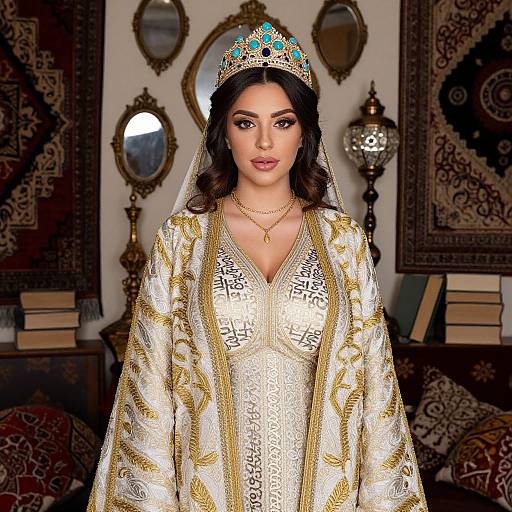 Elegant Woman in Traditional White and Gold Embroidered Gown with Jeweled Crown