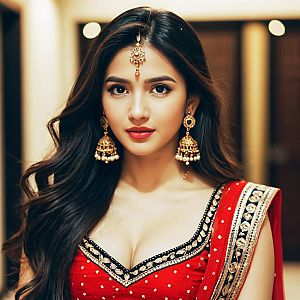 Young Woman in Red Lehenga with Gold Accessories