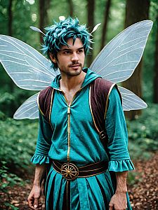 Man in Fairy Costume with Turquoise Hair and Wings in Forest