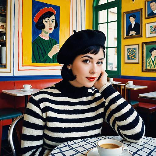 Woman in Black Beret and Striped Sweater in Colorful Artistic Café