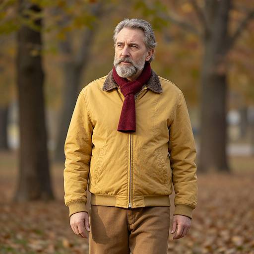 Mature Man Walking Outdoors in Autumn Park Wearing Yellow Jacket and Scarf