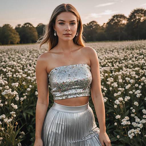 Young Woman in Silver Sequin Top and Pleated Skirt in Flower Field