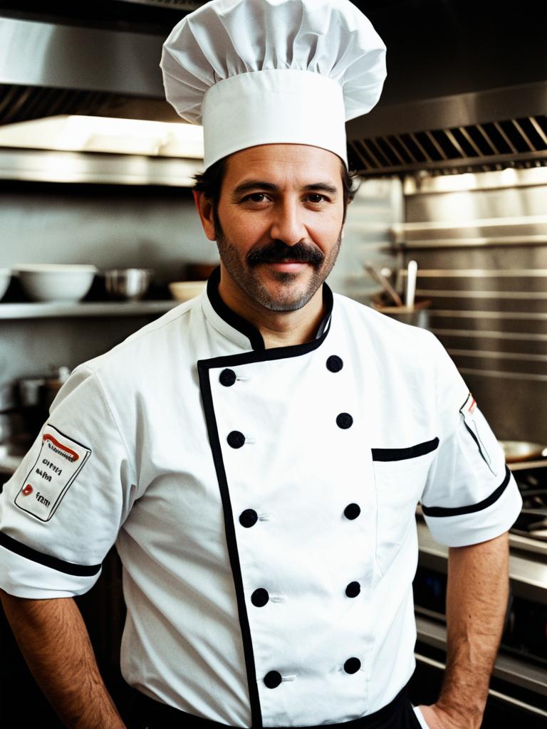 Male Chef Wearing Traditional Chef Costume in Professional Kitchen