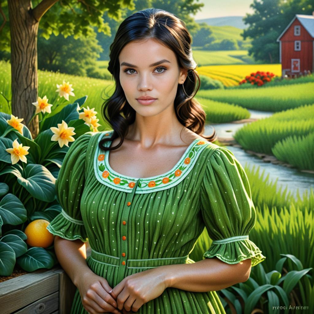 Young Woman in Green Dress in Serene Country Landscape