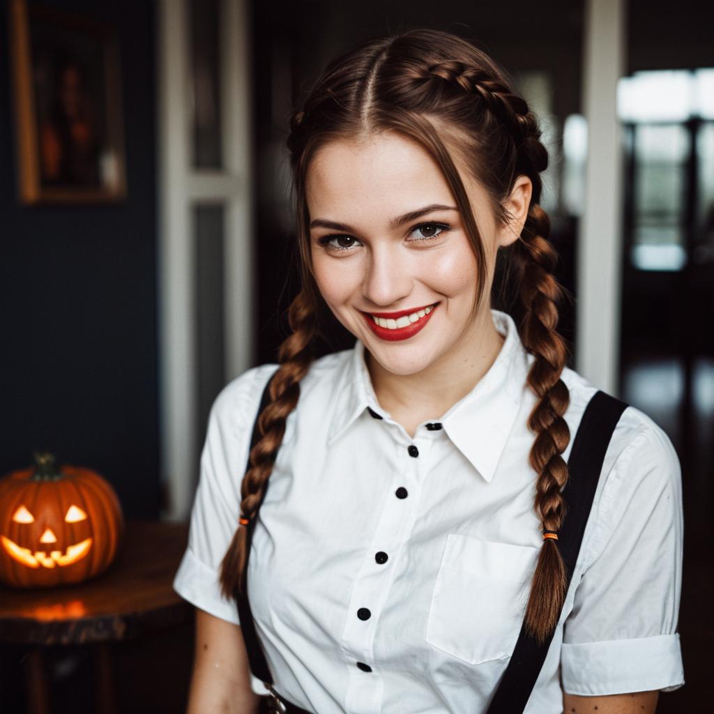 Young Woman in Braids with Pumpkin Young Woman in Braids with Pumpkin