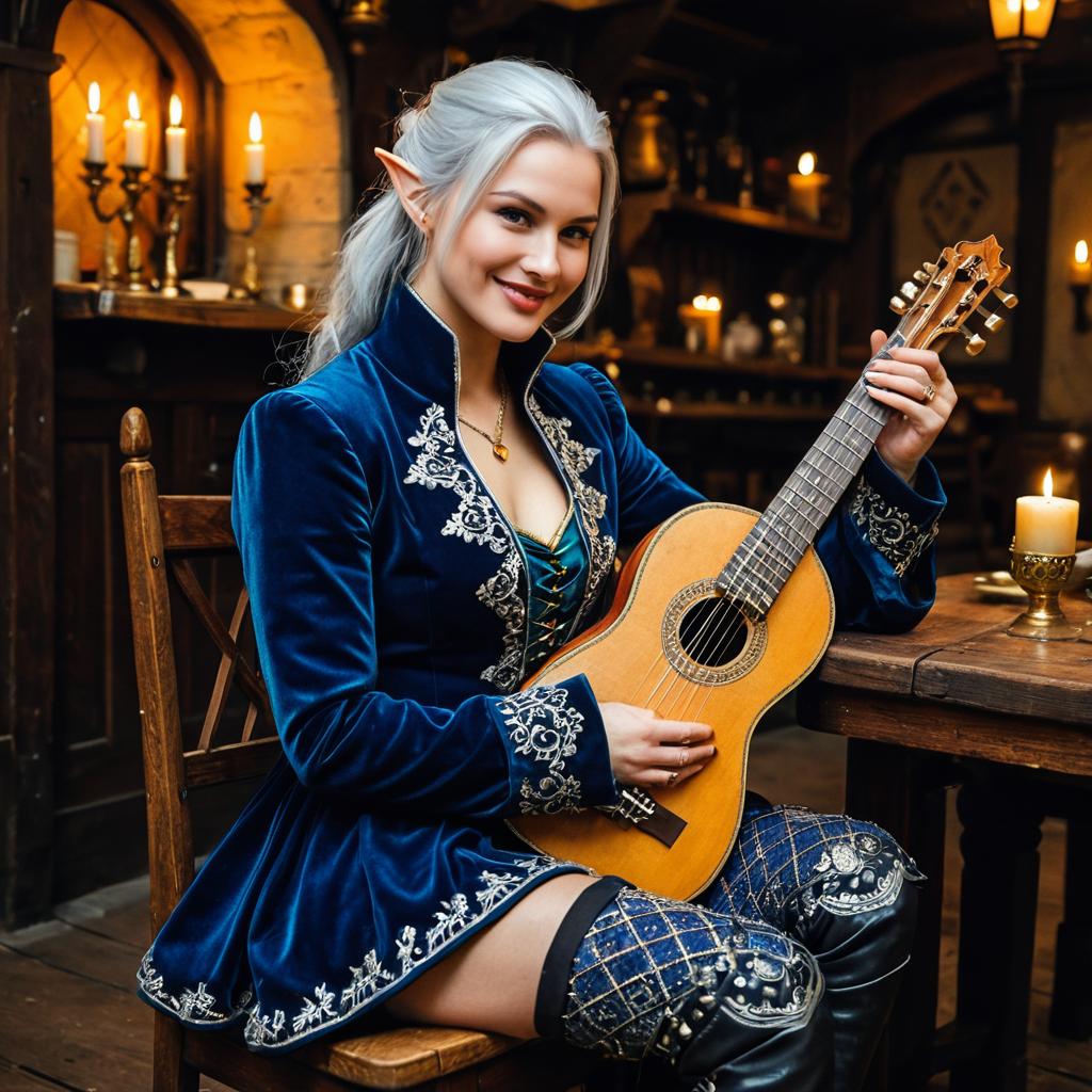 Fantasy Elf Woman in Medieval Tavern Playing Guitar in Blue Velvet Costume