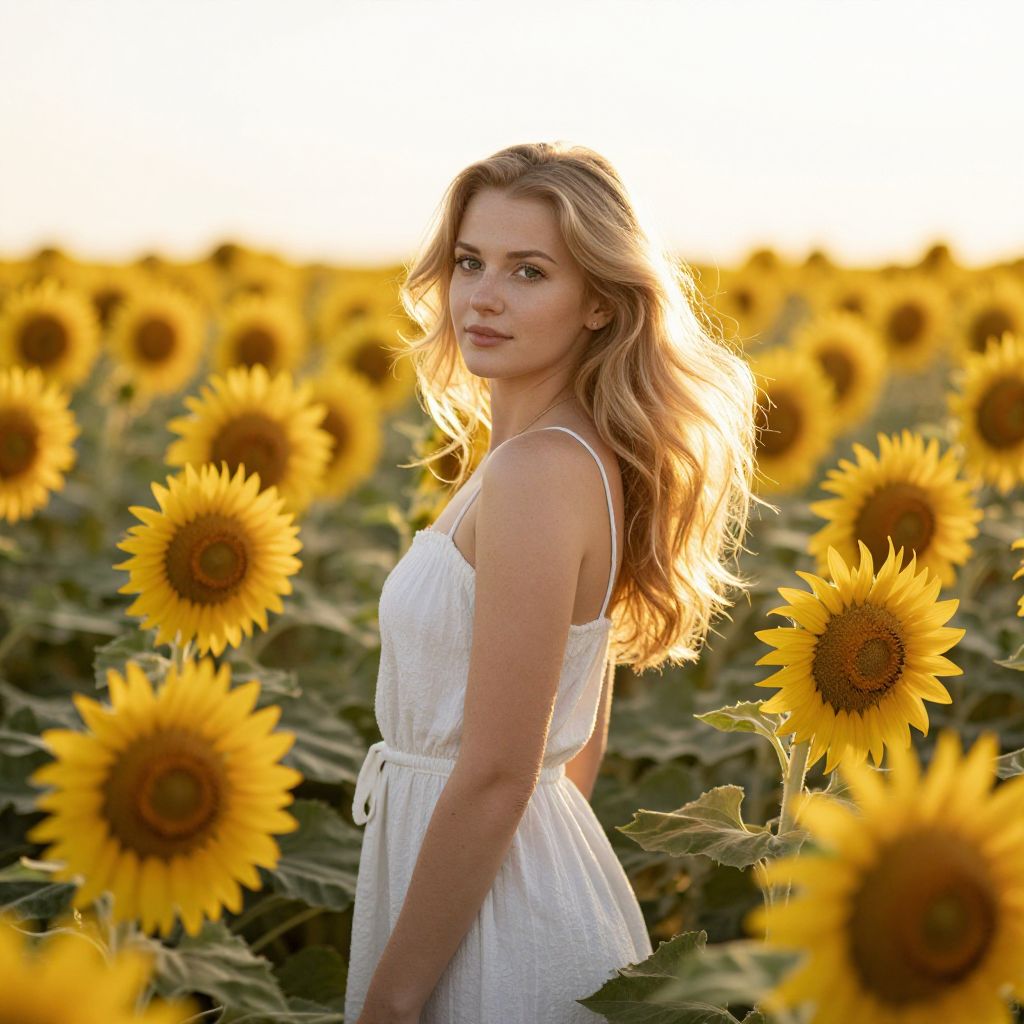 Blonde Woman in White Dress Standing Among Sunflowers in Field