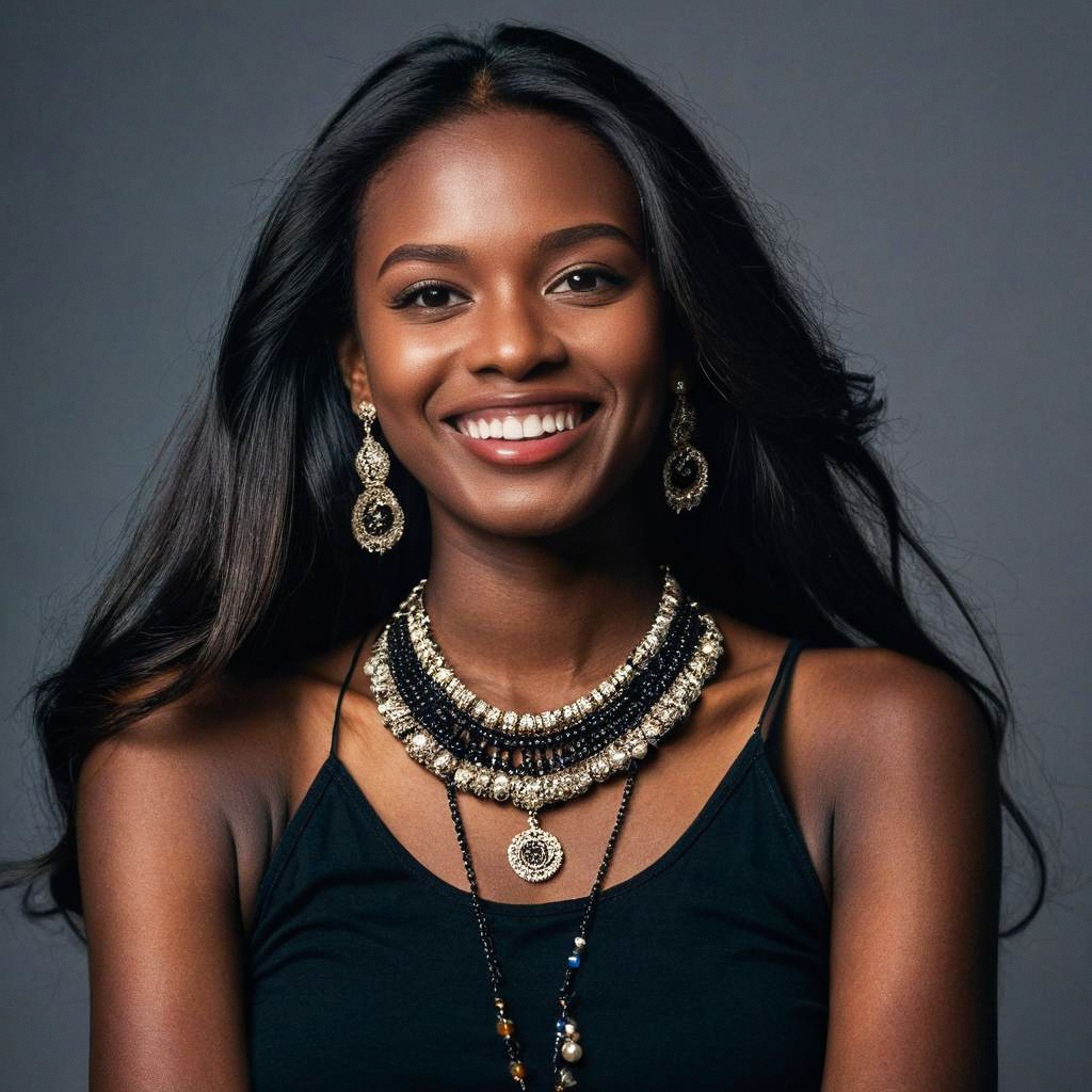 Confident Woman in Elegant Black Top with Jewelry