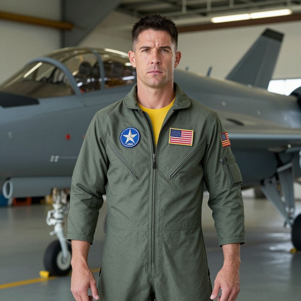 Military Pilot in Flight Suit Standing by Fighter Jet in Hangar