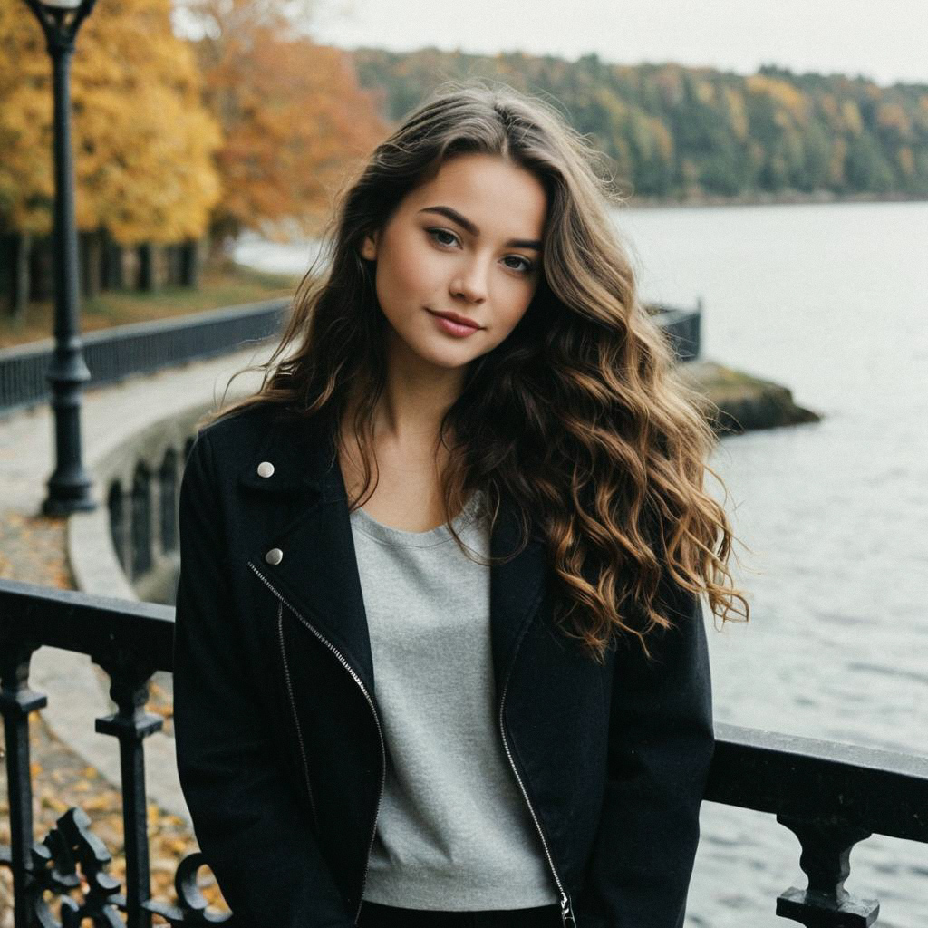 Young Woman by Riverside in Autumn