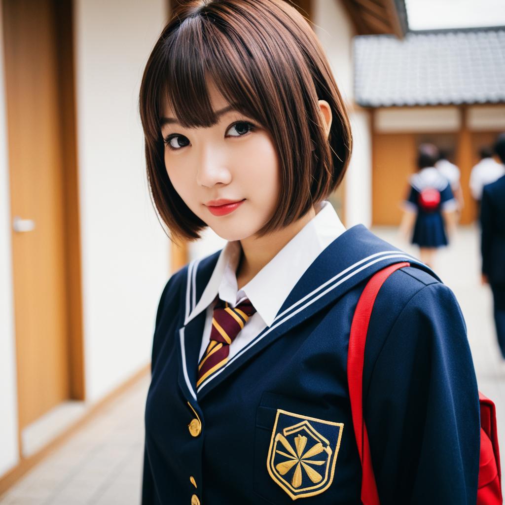 Young Woman in Japanese School Uniform in Corridor
