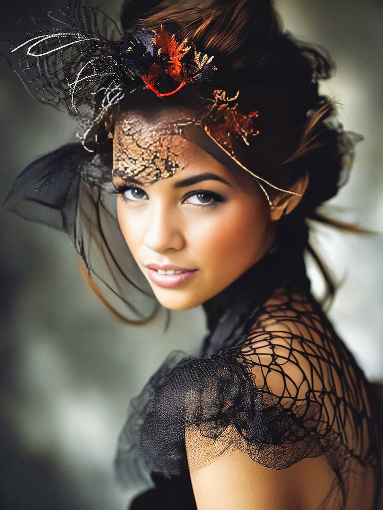 Elegant Woman in Black Lace with Headpiece