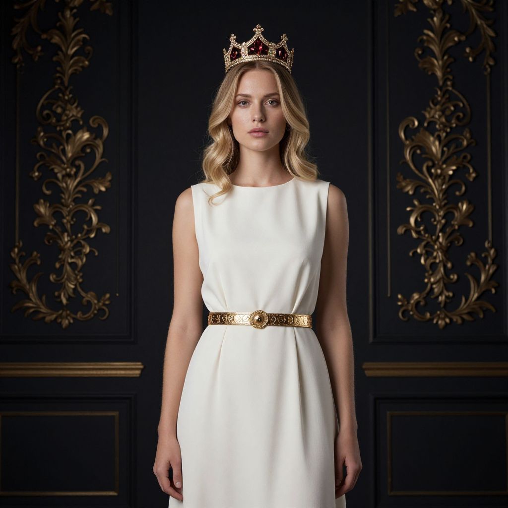 Regal Woman in White Dress and Jeweled Crown Against Ornate Dark Background