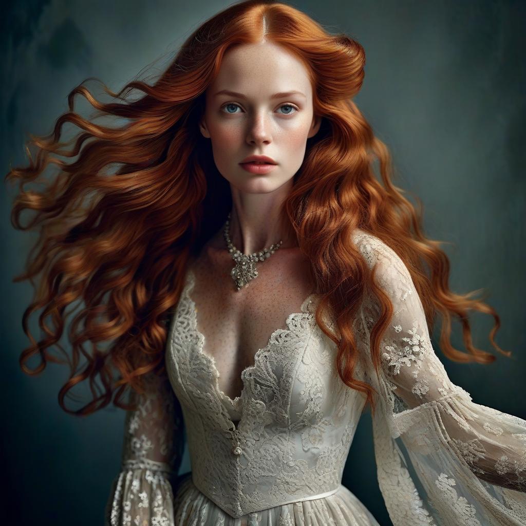 Portrait of Woman with Flowing Red Hair in Lace Gown