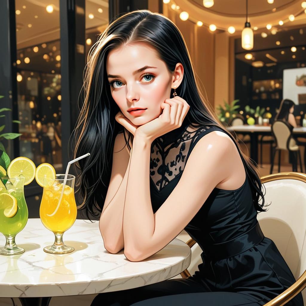 Elegant Woman in Black Dress Sitting in Café with Colorful Cocktails
