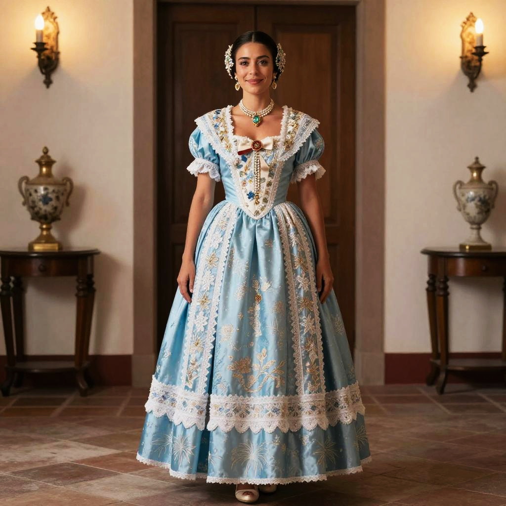 Woman in Traditional Blue Embroidered Historical Dress with Vintage Jewelry