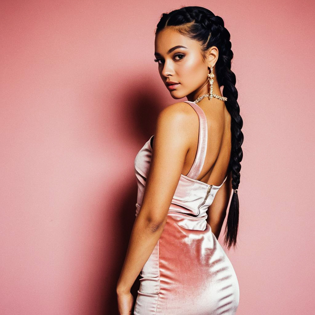 Confident Woman in Satin Dress with Braided Hairstyle