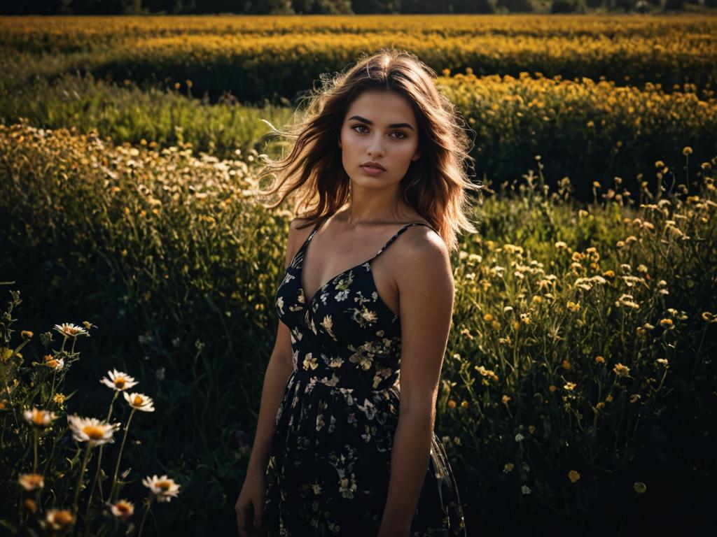 Woman in Floral Dress in Sunlit Field