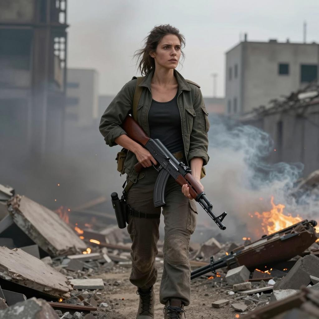 Woman Soldier in Post-Apocalyptic Urban Warfare Scene