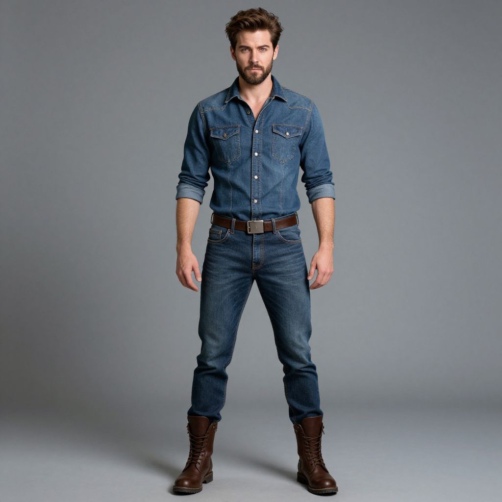 Man in Classic Denim Outfit with Brown Boots on Gray Background