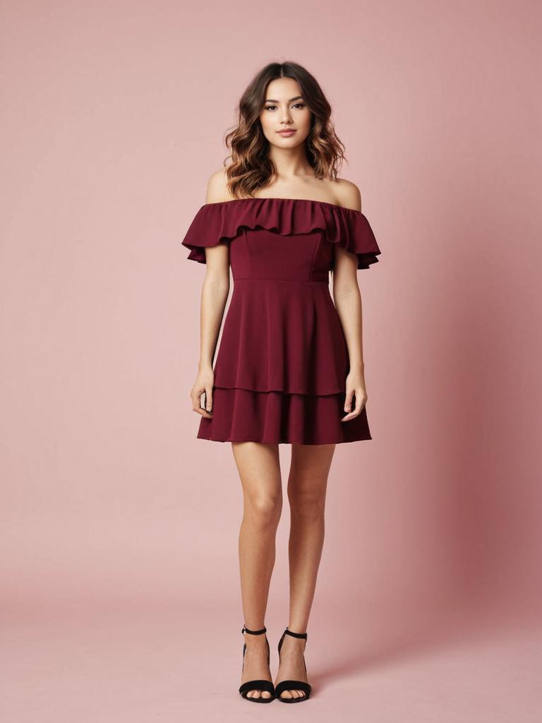Modern Off-the-Shoulder Burgundy Mini Dress on Woman with Layered Ruffles