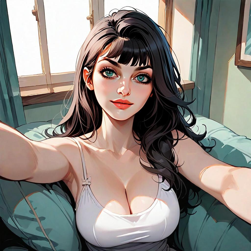 Anime Style Woman Selfie Illustration with Dark Hair and Blue Eyes