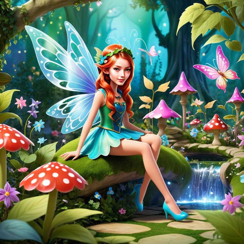 Fairy Woman with Blue Wings in Enchanted Forest