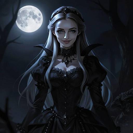 Gothic Woman in Victorian Dress Under Full Moon